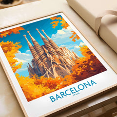 Barcelona Travel Poster featuring the iconic Sagrada Familia in vibrant autumn colors.