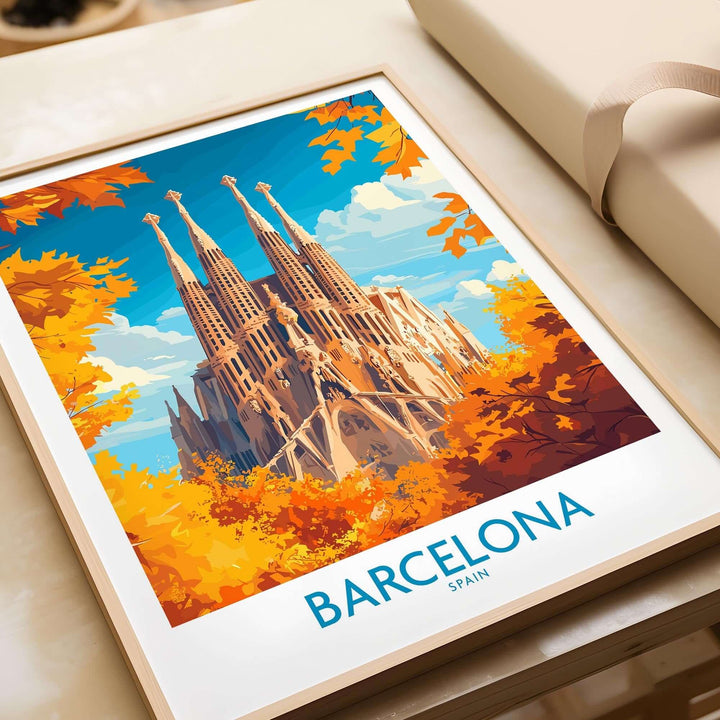 Barcelona travel poster showcasing Sagrada Familia surrounded by vibrant autumn colors, ideal for Spain wall art enthusiasts.