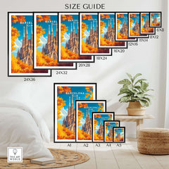 Barcelona Travel Print size guide showcasing various frame dimensions for artwork featuring Sagrada Familia.