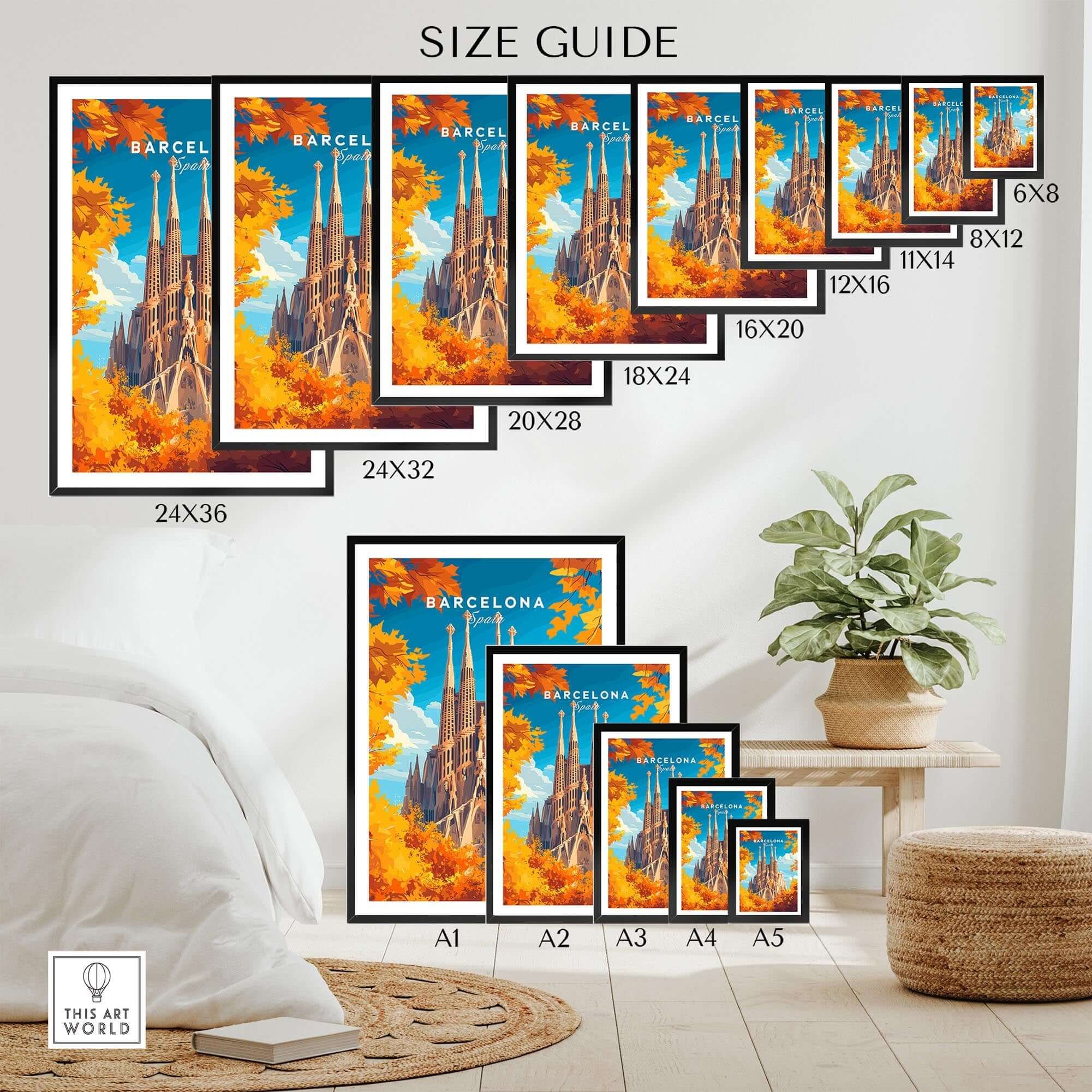 Barcelona Travel Print size guide showcasing various frame dimensions for artwork featuring Sagrada Familia.