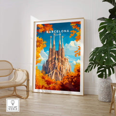 Barcelona Travel Print featuring Sagrada Familia in vibrant colors, perfect wall art for Catalan charm.