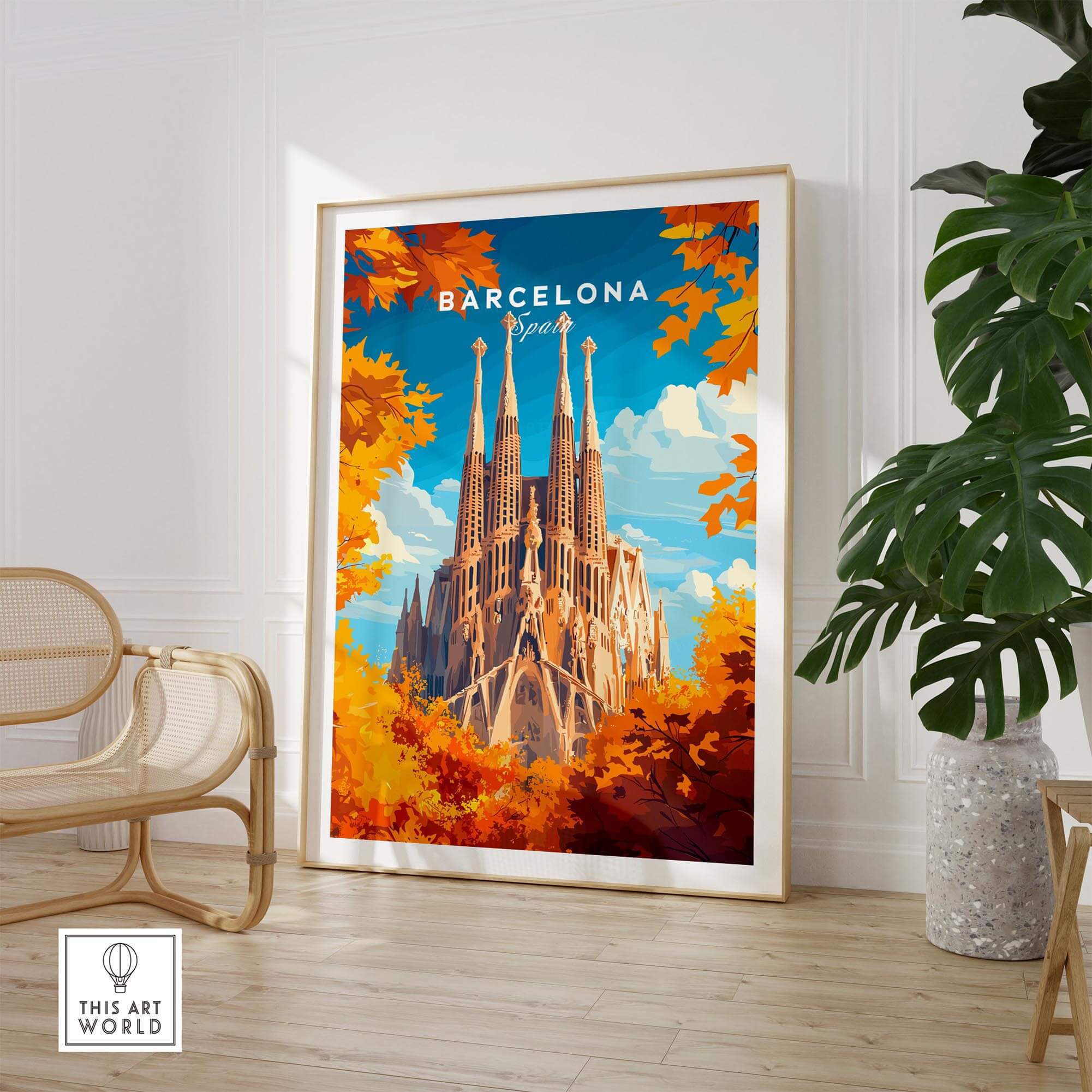 Barcelona Travel Print featuring Sagrada Familia in vibrant colors, perfect wall art for Catalan charm.