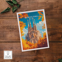 Barcelona Travel Print showcasing Sagrada Familia with vibrant autumn foliage, adding Catalan charm to your decor.