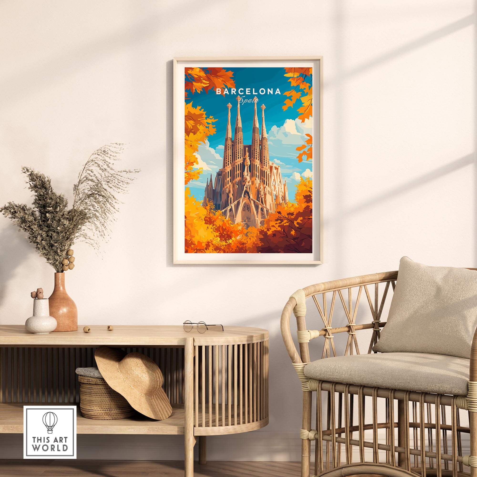 Barcelona Travel Print showcasing the Sagrada Familia framed in a stylish interior setting with warm autumn colors.