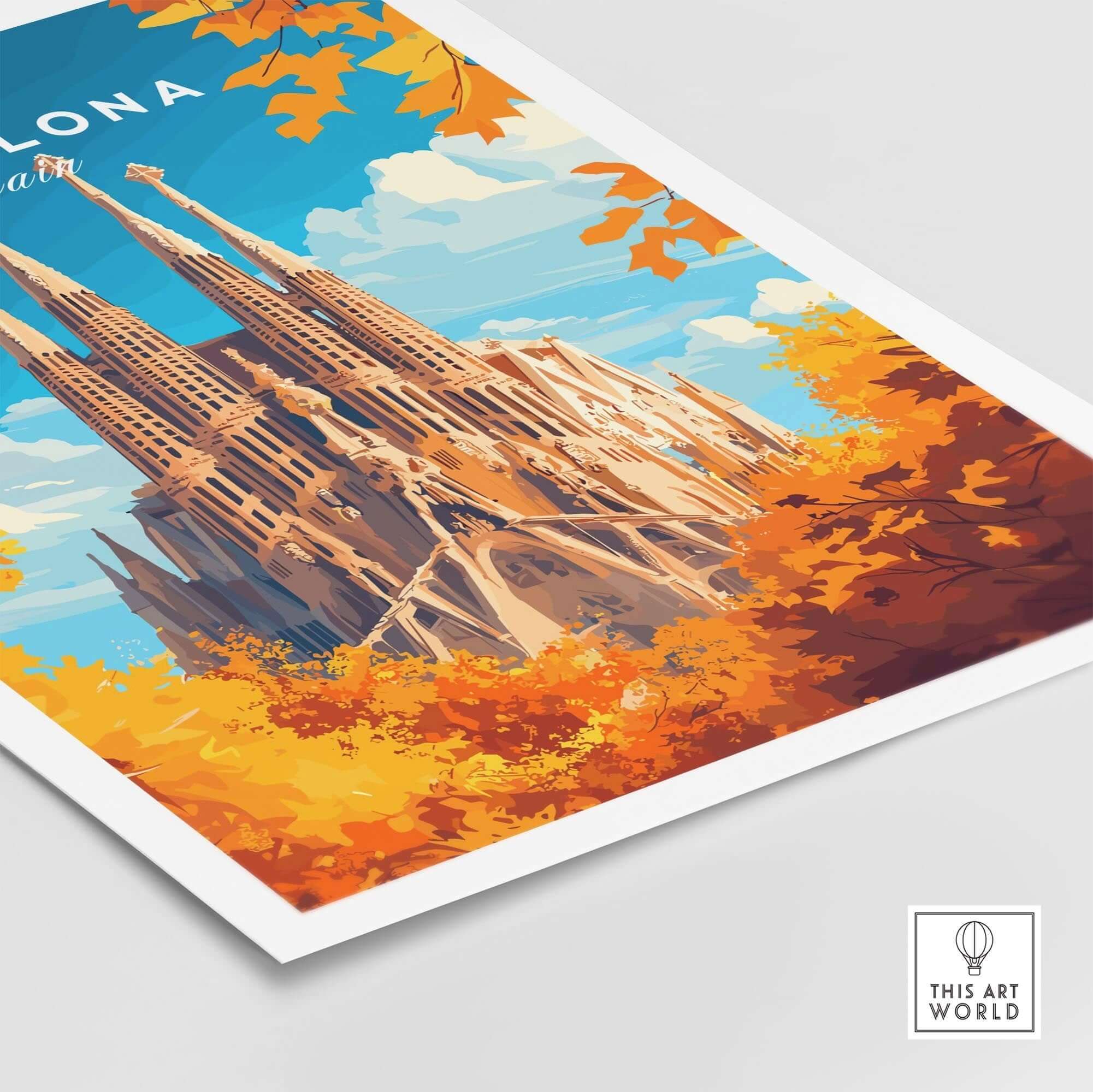 Barcelona Travel Print featuring Sagrada Familia with vibrant autumn leaves, perfect wall art for adding Catalan charm.