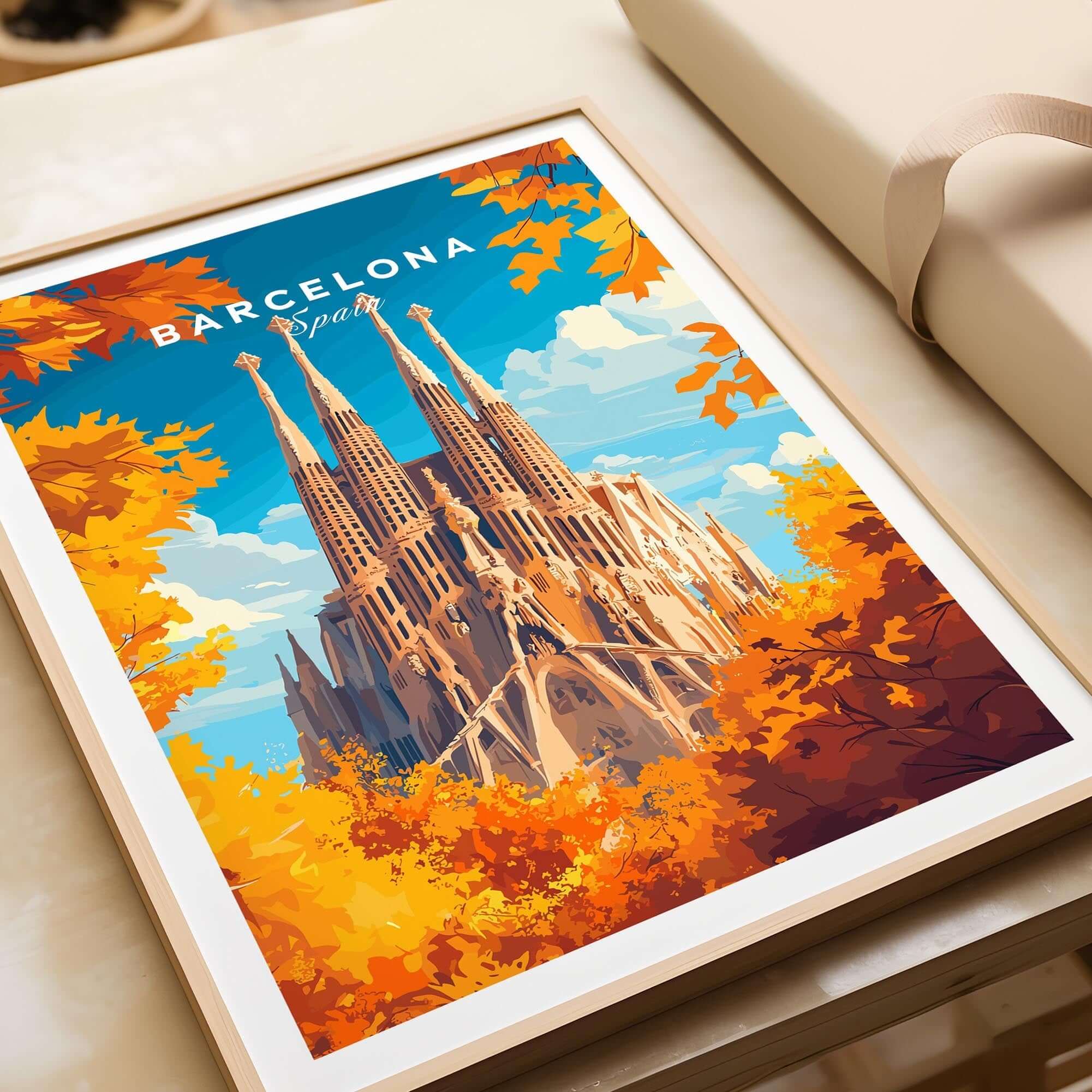 Barcelona Travel Print featuring Sagrada Familia in vibrant autumn colors, perfect for adding Catalan charm to your decor.