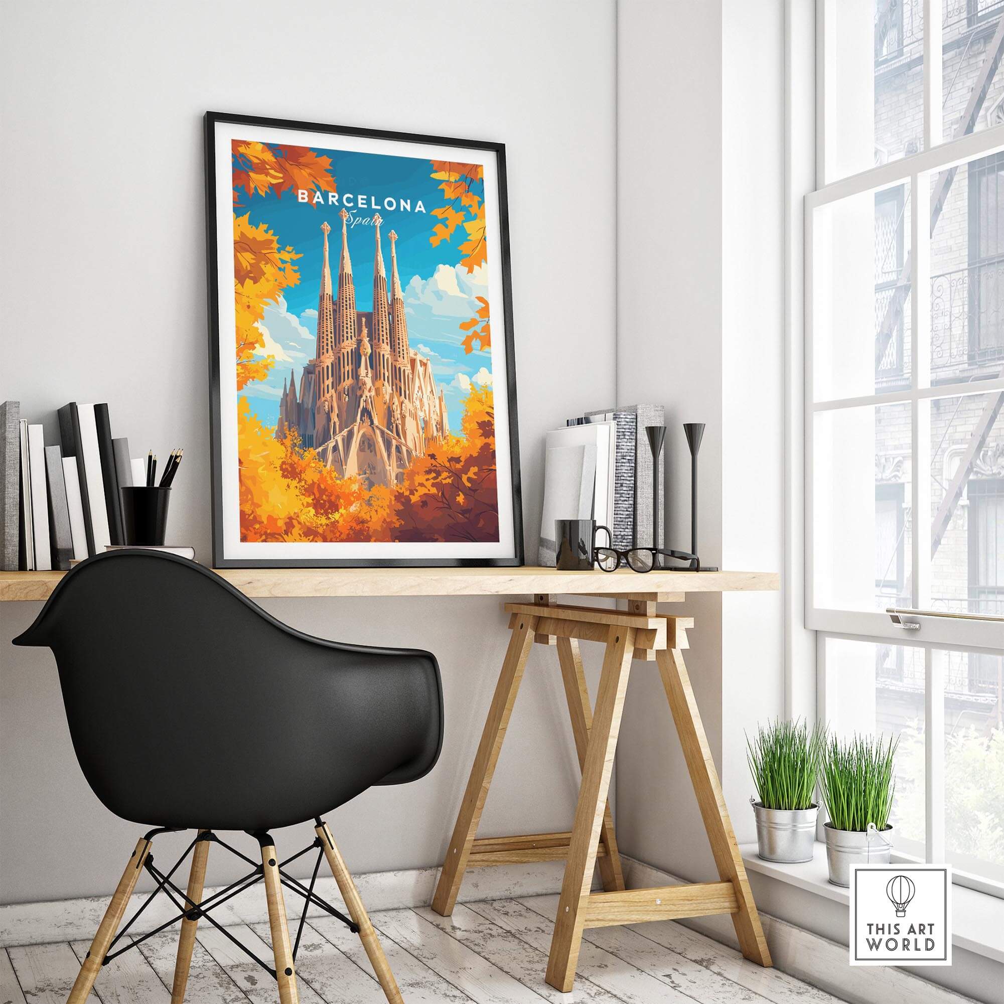 Barcelona Travel Print showcasing Sagrada Familia in a stylish workspace, adding Catalan charm to home decor.