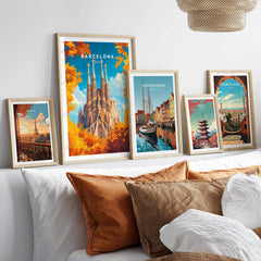 Barcelona Travel Print featuring the Sagrada Familia among vibrant wall art collection in a stylish living room.