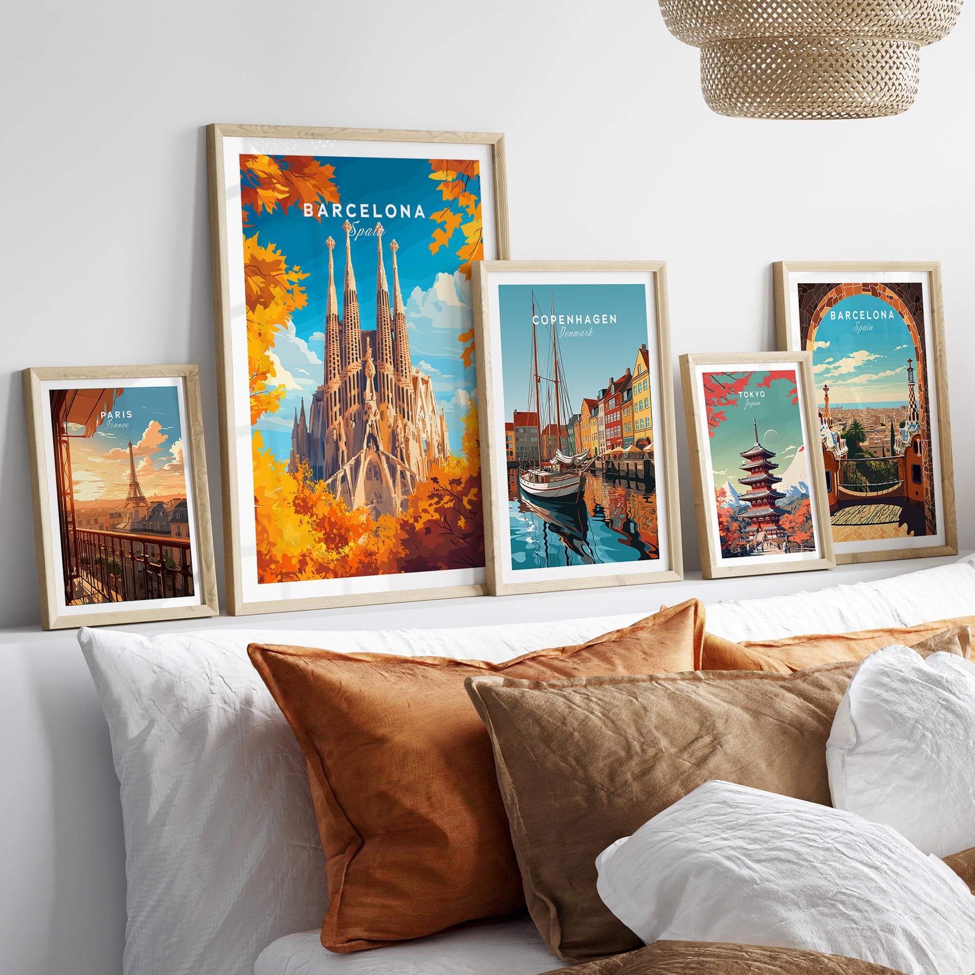 Barcelona Travel Print featuring the Sagrada Familia among vibrant wall art collection in a stylish living room.