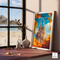 Barcelona Travel Print featuring the Sagrada Familia, a vibrant travel art piece for home decor.