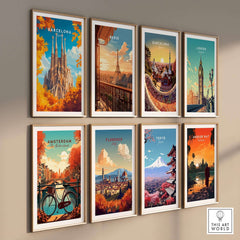 Barcelona Travel Print collection featuring iconic landmarks and vibrant colors for stylish wall decor.