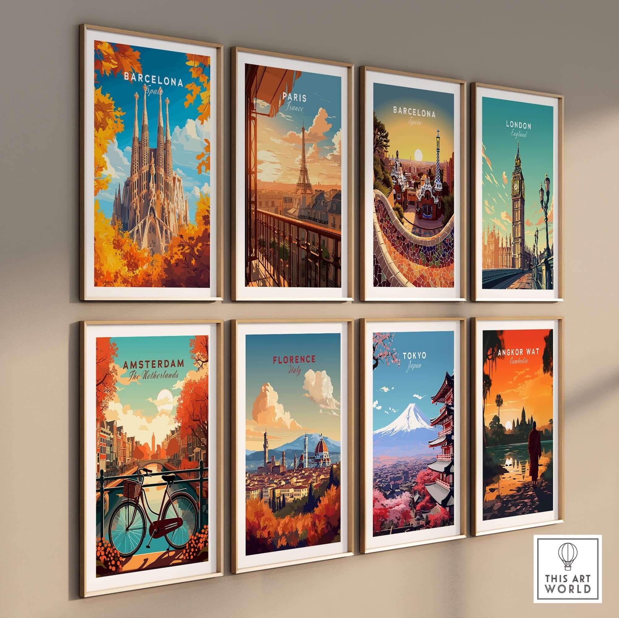 Barcelona Travel Print collection featuring iconic landmarks and vibrant colors for stylish wall decor.