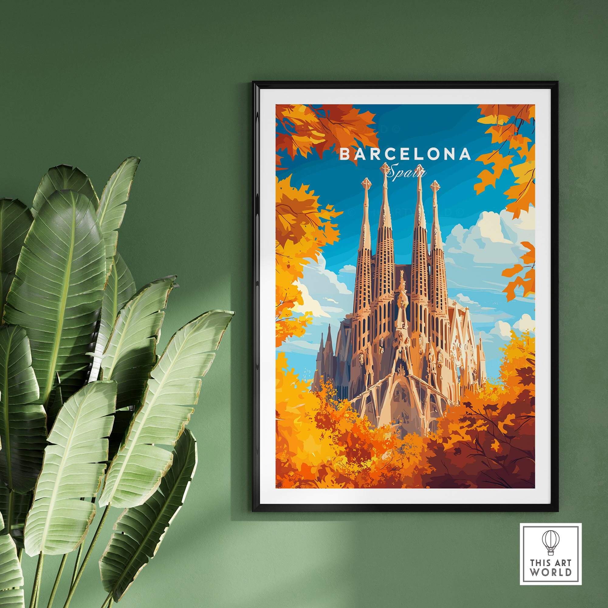 Barcelona Travel Print featuring the iconic Sagrada Familia surrounded by autumn leaves, adding Catalan charm to your decor.