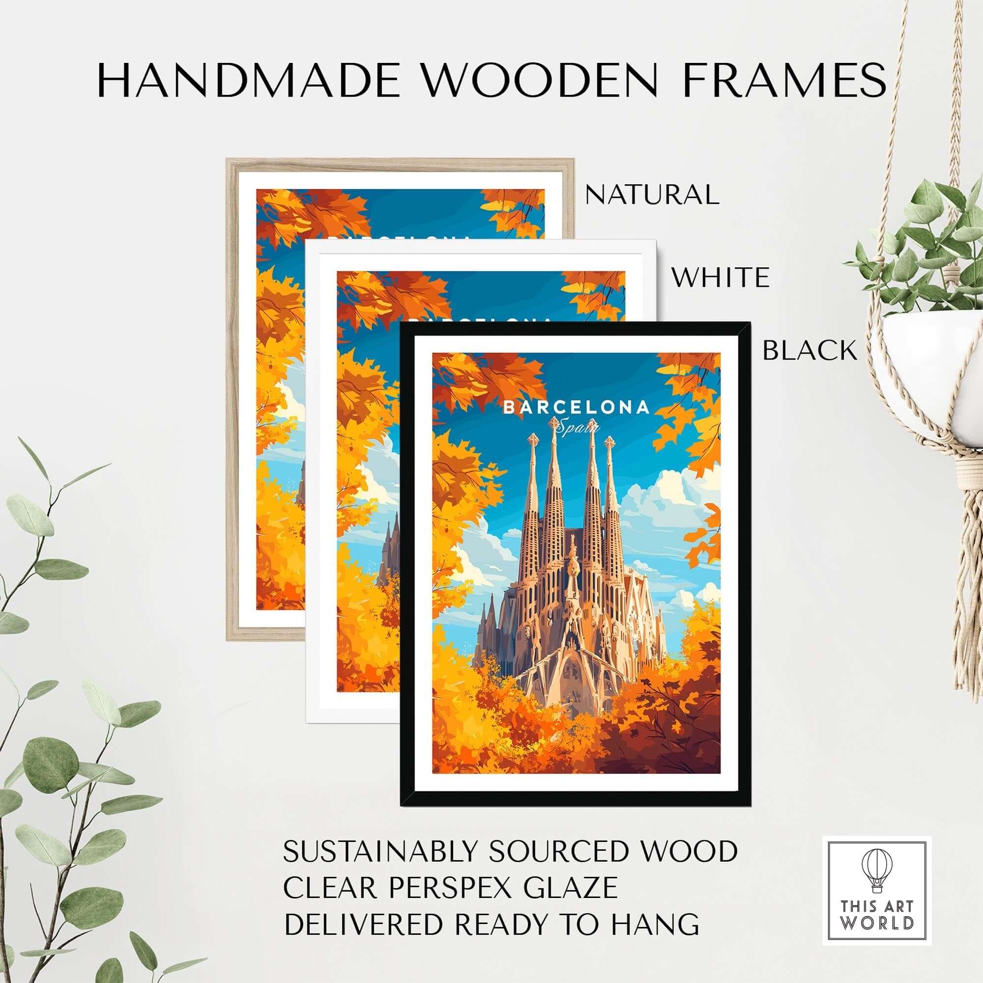 Barcelona Travel Print showcased in handmade wooden frames in natural, white, and black finishes.