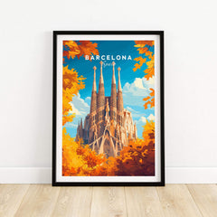 Barcelona Travel Print featuring Sagrada Familia surrounded by autumn leaves, capturing Catalan charm and vibrant culture.