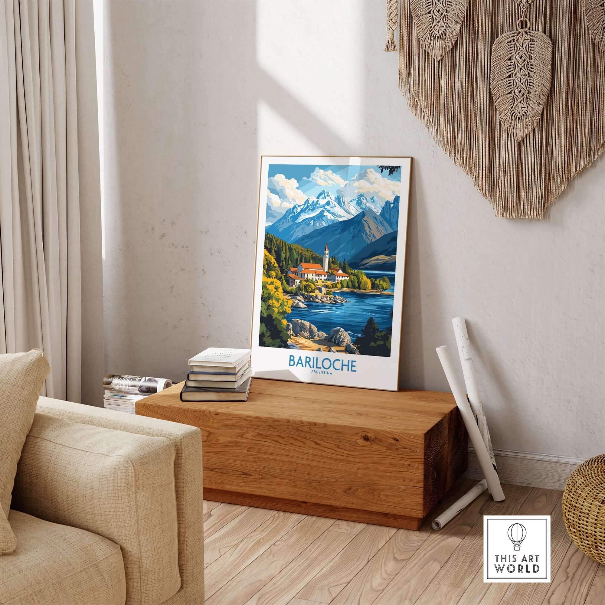 Bariloche Poster featuring stunning mountainous scenery and tranquil lake; perfect for nature lovers.