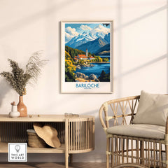 Bariloche Poster showcasing scenic views of Bariloche with mountains and a lake framed on a stylish wall.