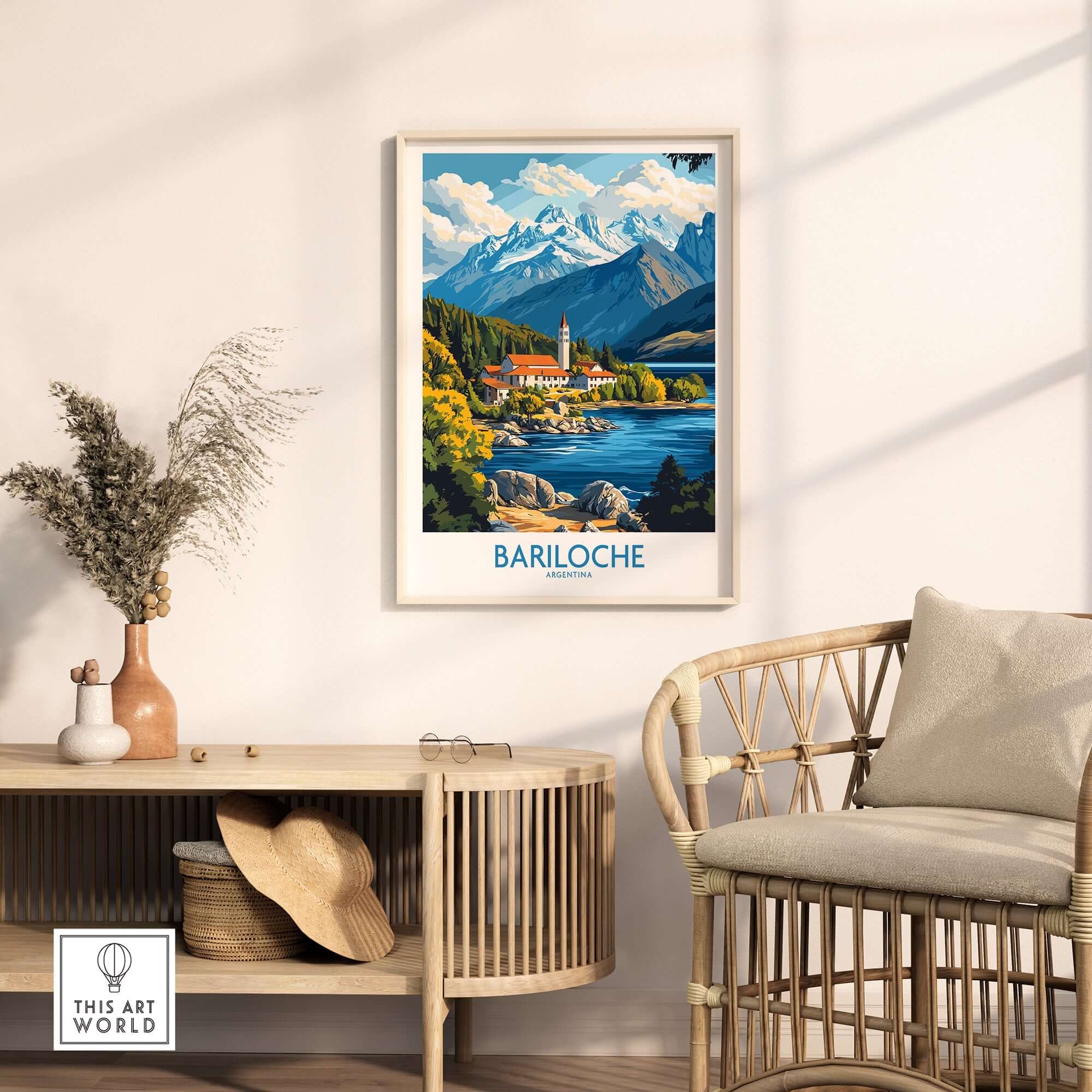 Bariloche Poster showcasing scenic views of Bariloche with mountains and a lake framed on a stylish wall.