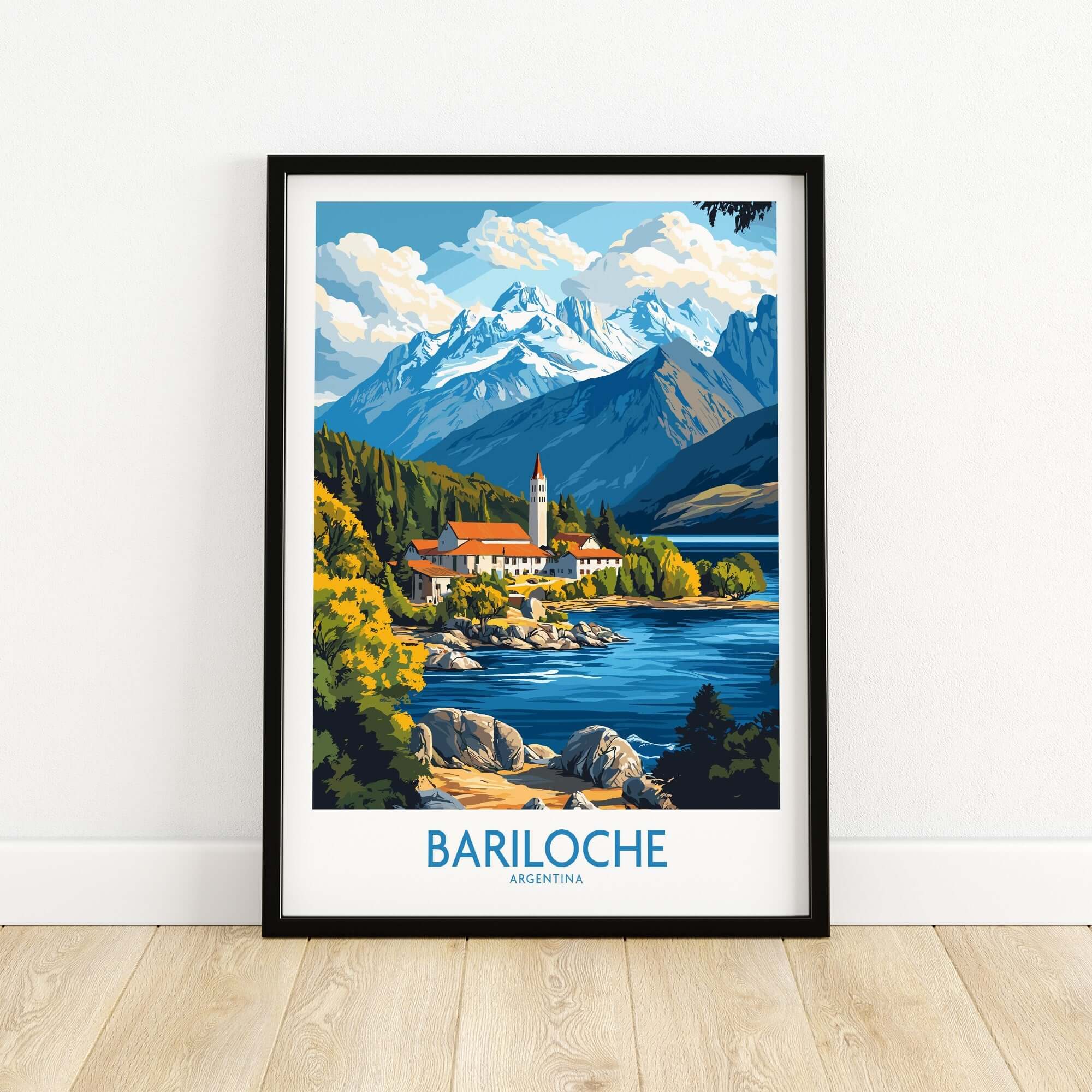 Bariloche Poster showcasing stunning scenery of Bariloche, Argentina with mountains, lake, and vibrant nature.