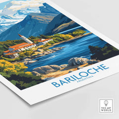 Bariloche Poster showcasing vibrant nature scenery of Bariloche, Argentina with stunning mountains and lake.