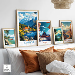 Bariloche Poster displayed among other travel-themed art prints on a stylish wall.