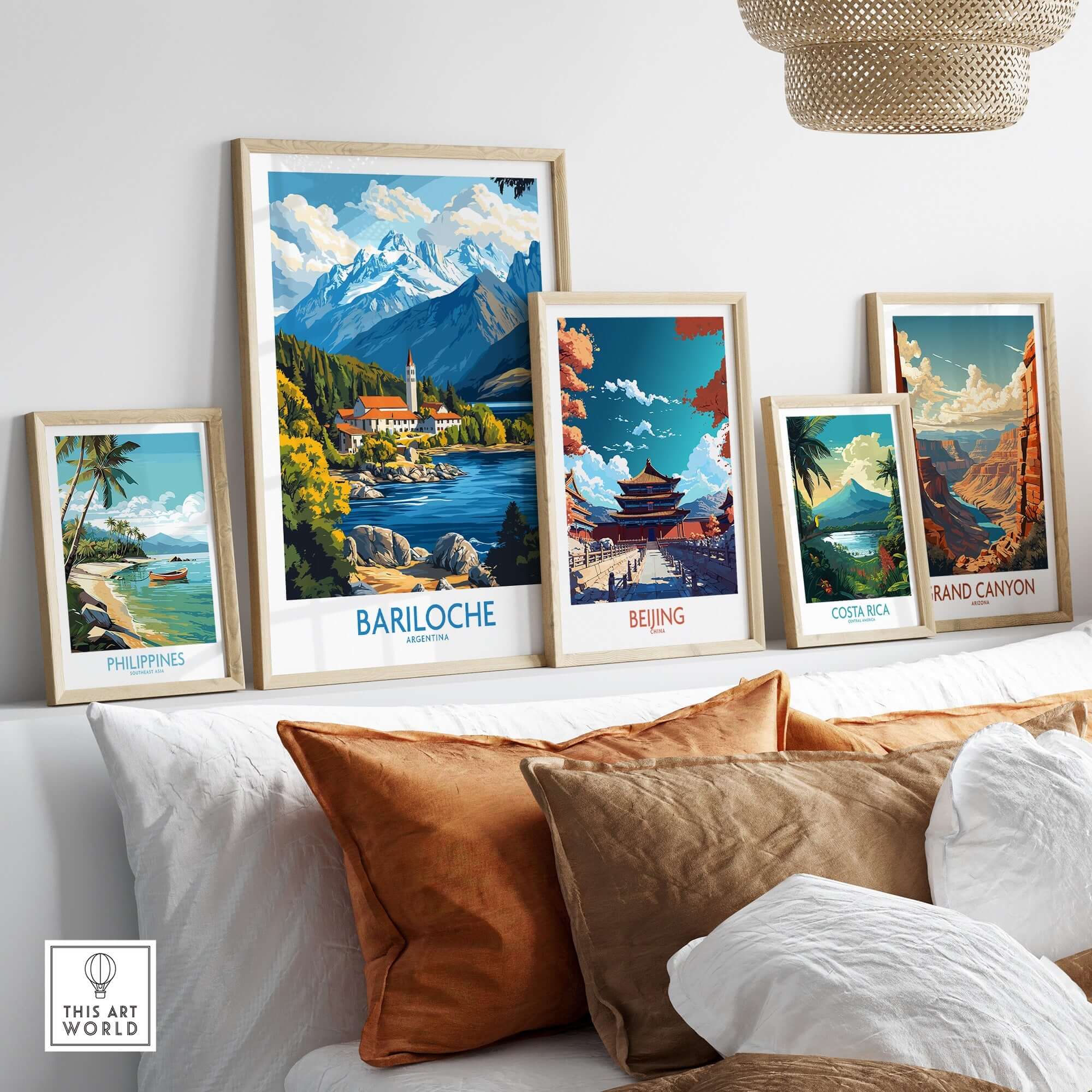 Bariloche Poster displayed among other travel-themed art prints on a stylish wall.