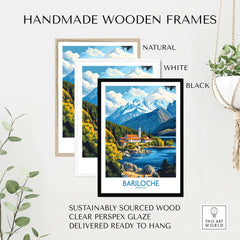 Bariloche Poster displayed in handmade wooden frames of natural, white, and black colors, showcasing stunning mountain views.