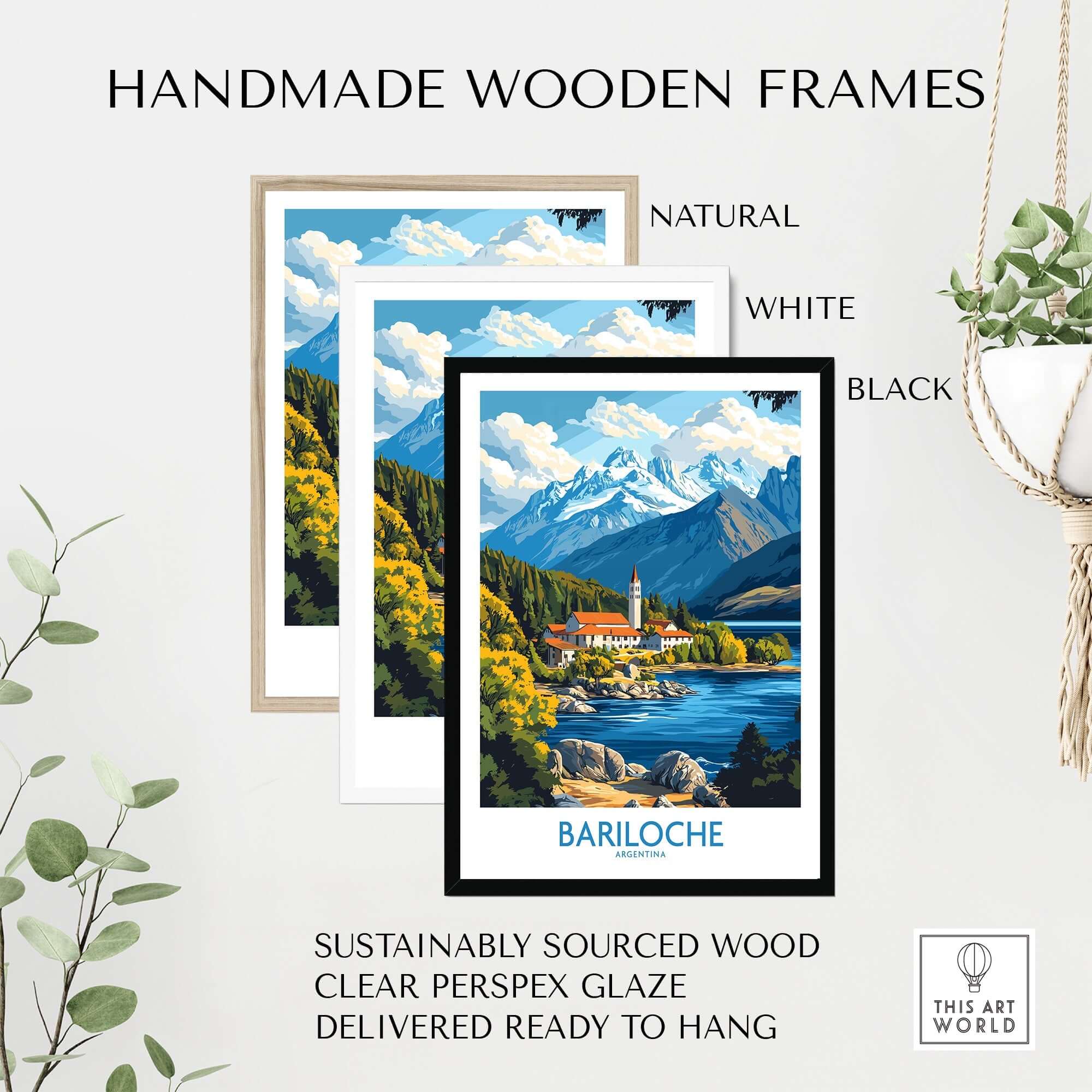 Bariloche Poster displayed in handmade wooden frames of natural, white, and black colors, showcasing stunning mountain views.
