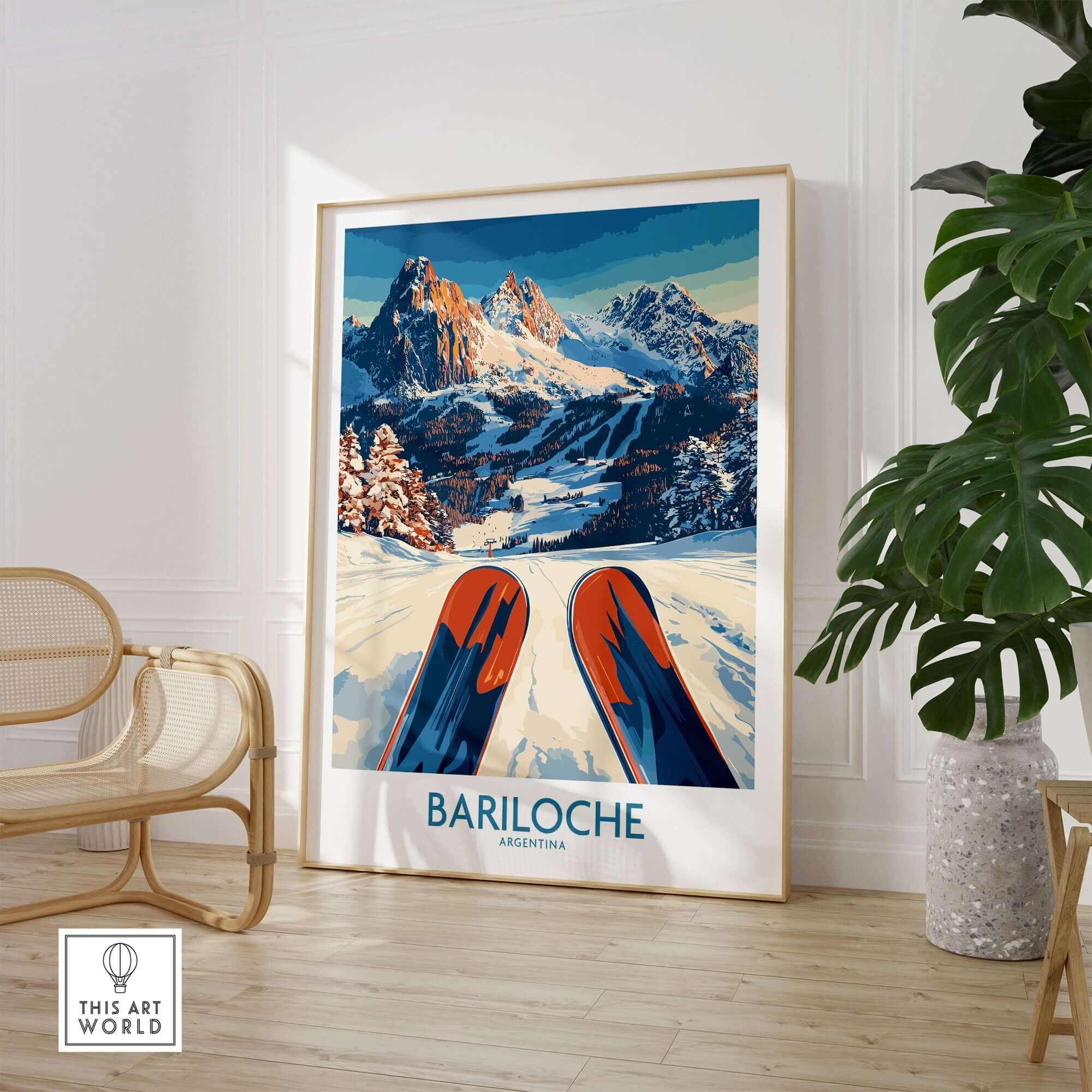 Bariloche Poster Argentina showcasing ski slopes and majestic mountains in a stylish home decor setting.