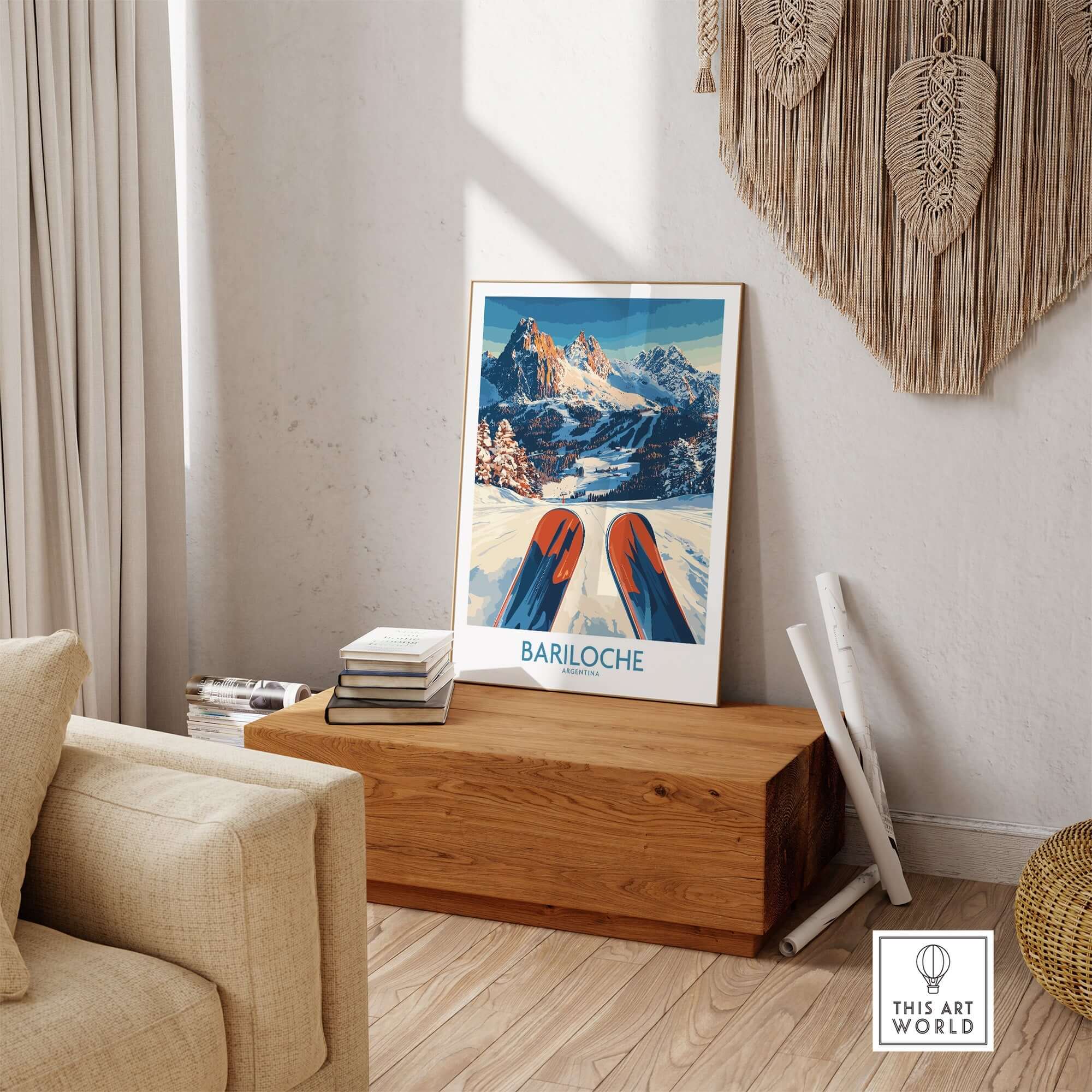 Bariloche Poster Argentina showcased in a stylish living room with wooden furniture and cozy decor.