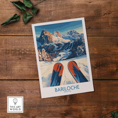 Bariloche Poster Argentina featuring breathtaking snowy mountain scenery and ski equipment on a wooden table.