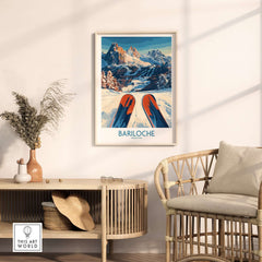 Bariloche Poster Argentina showcasing skiing in a beautiful snowy landscape of Bariloche, perfect for home decor.