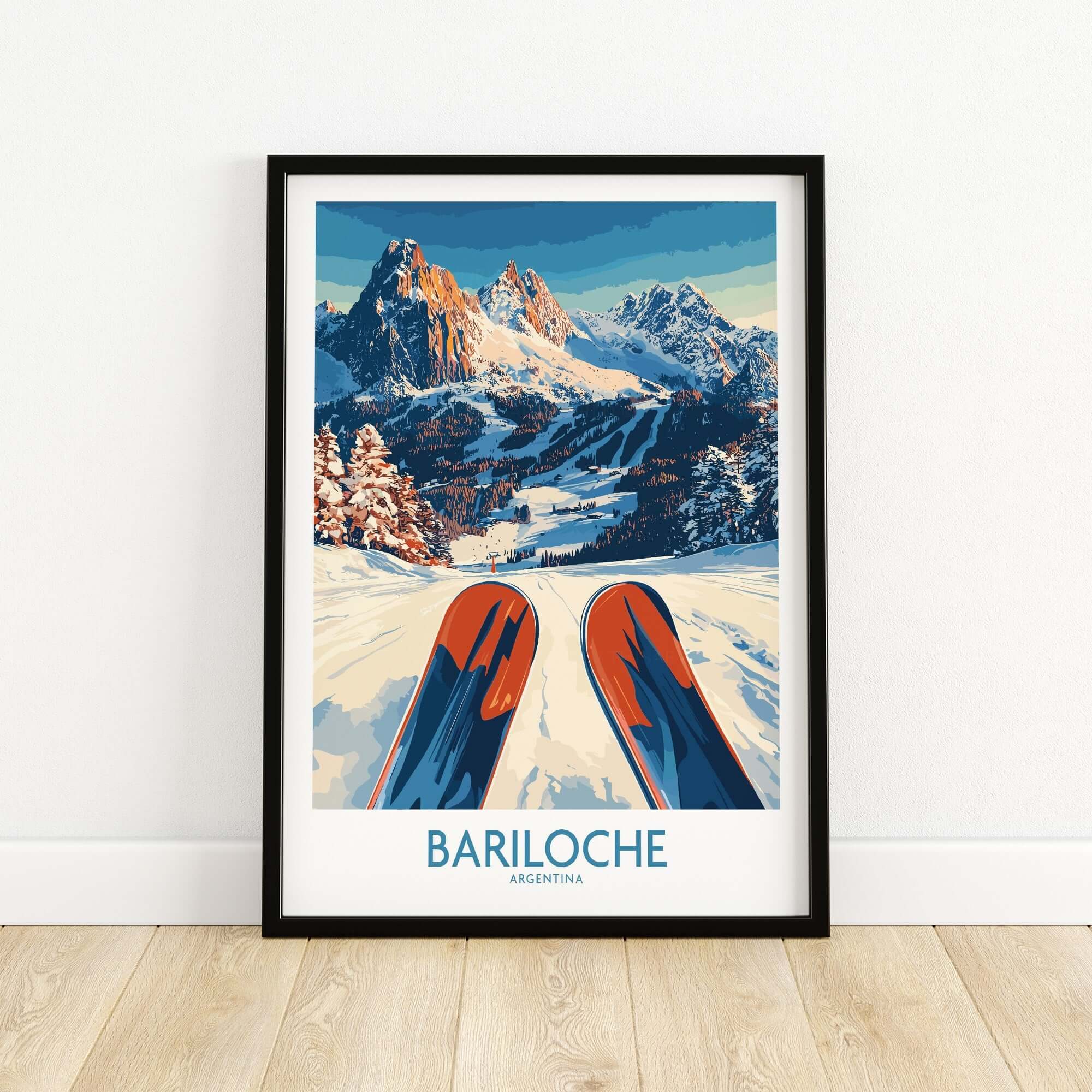 Bariloche Poster Argentina showcasing a winter landscape with skis and mountains in the background.