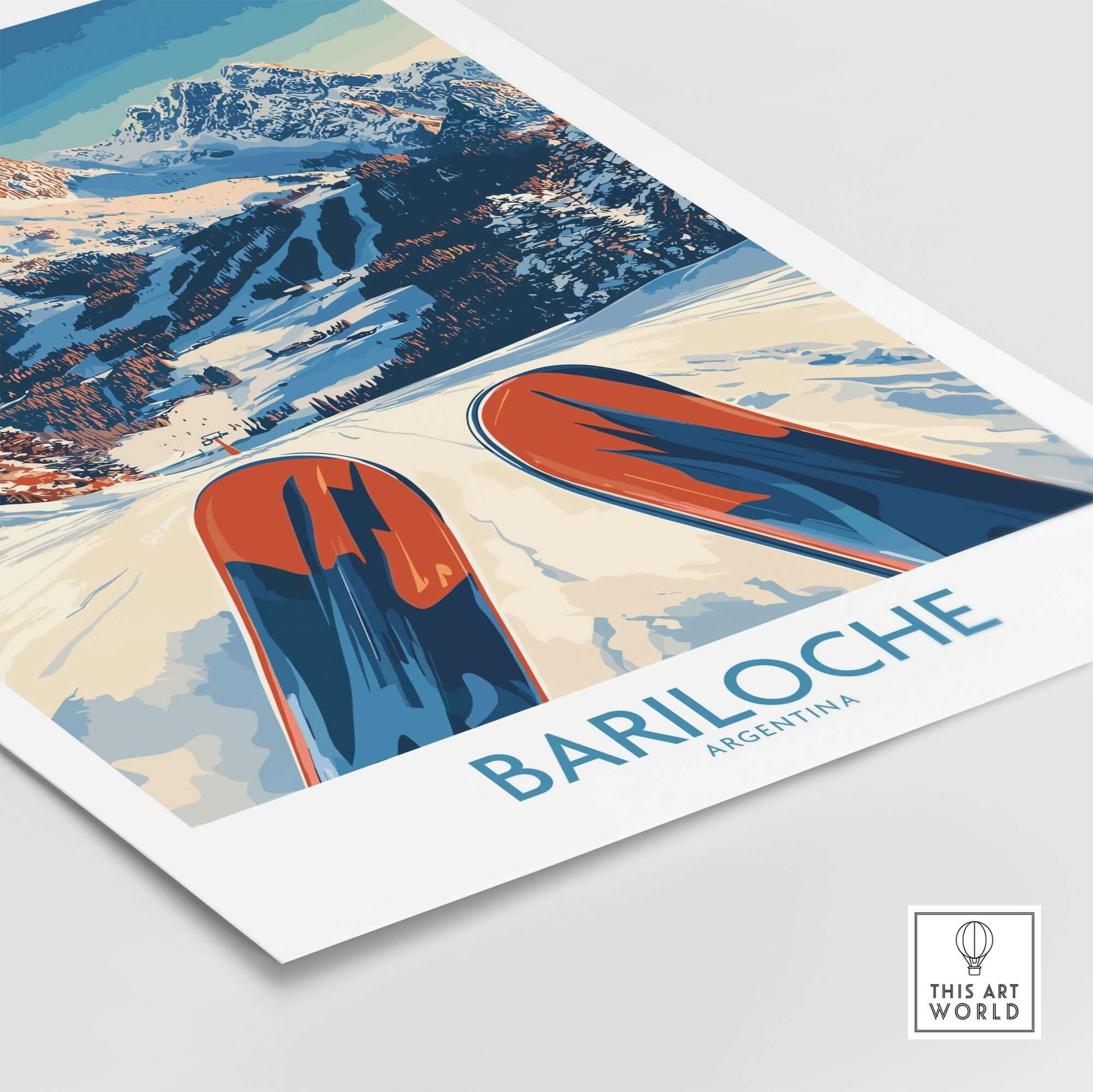 Bariloche Poster Argentina showcasing a ski scene with snowy mountains and vibrant colors.