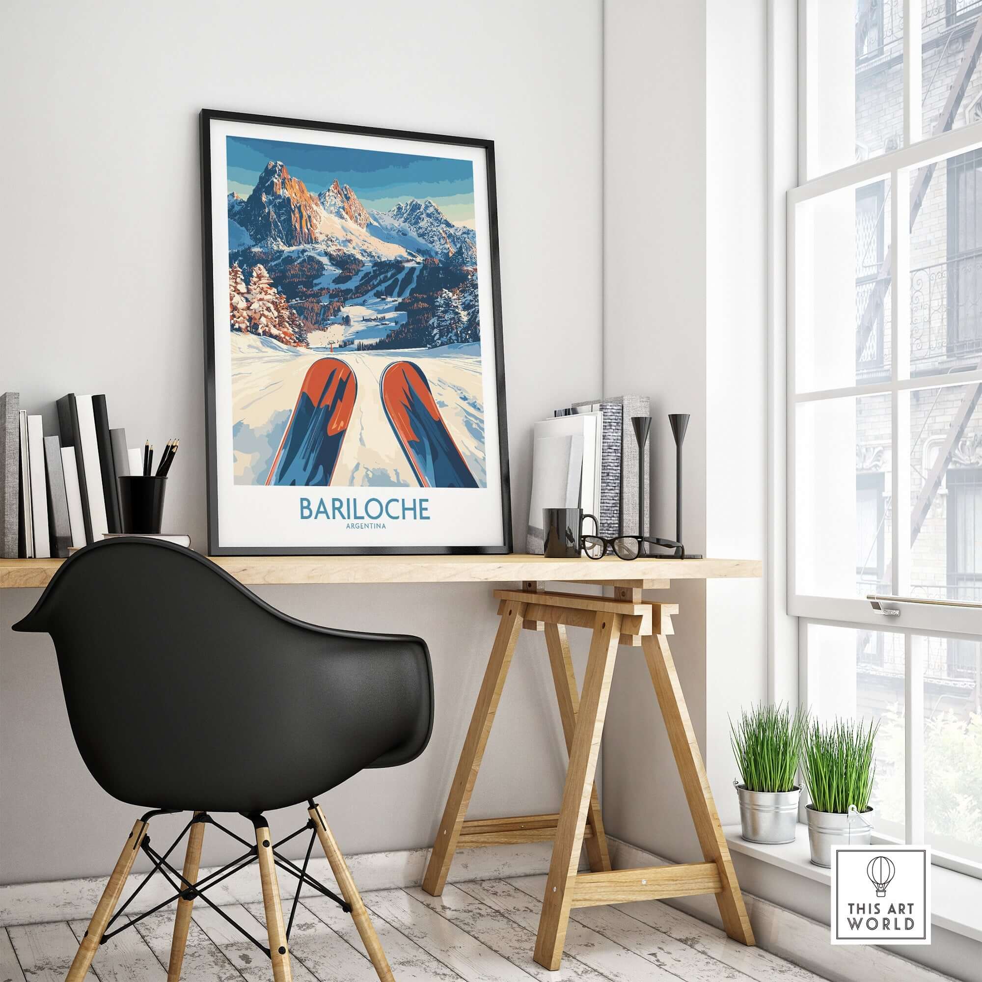 Bariloche Poster Argentina displayed in a modern home office setting, inspiring adventure and ski lovers.