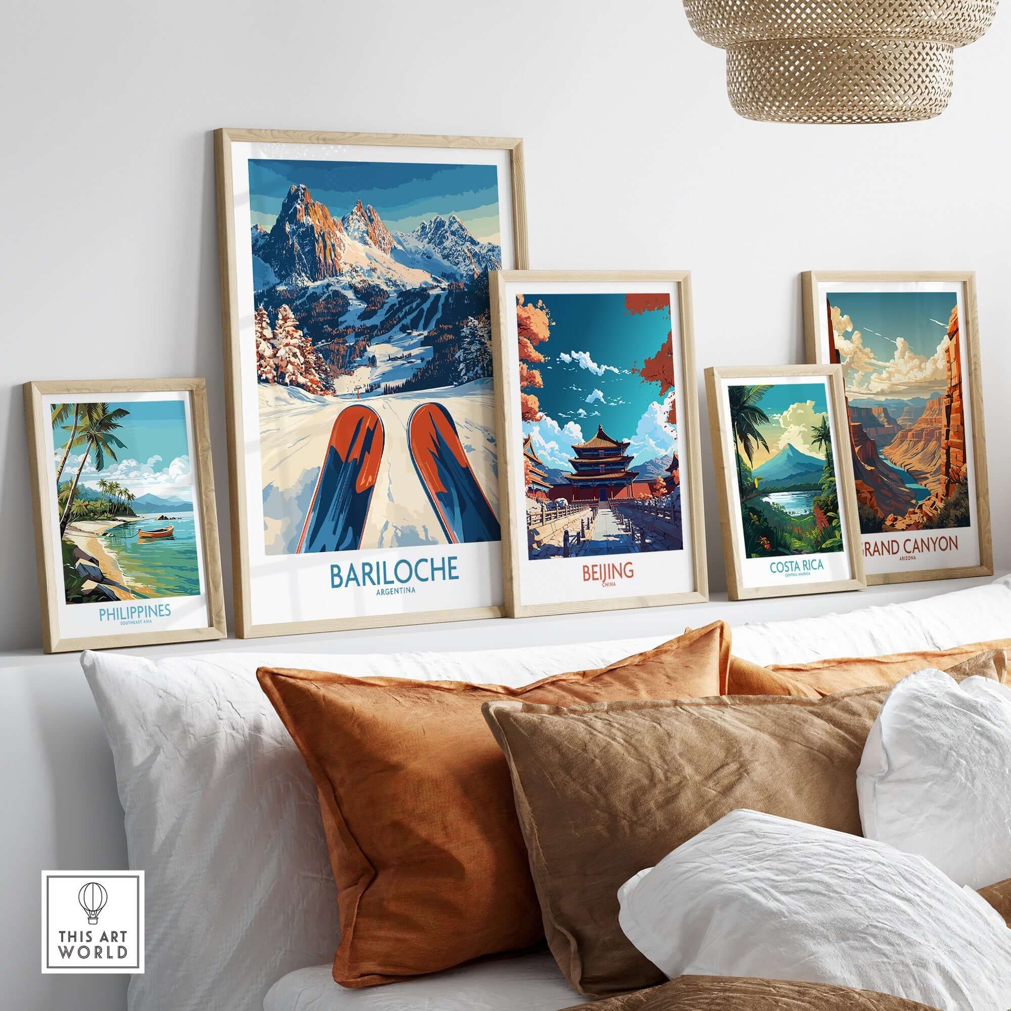 Bariloche Poster Argentina displayed among other travel-themed posters in a cozy home decor setting.
