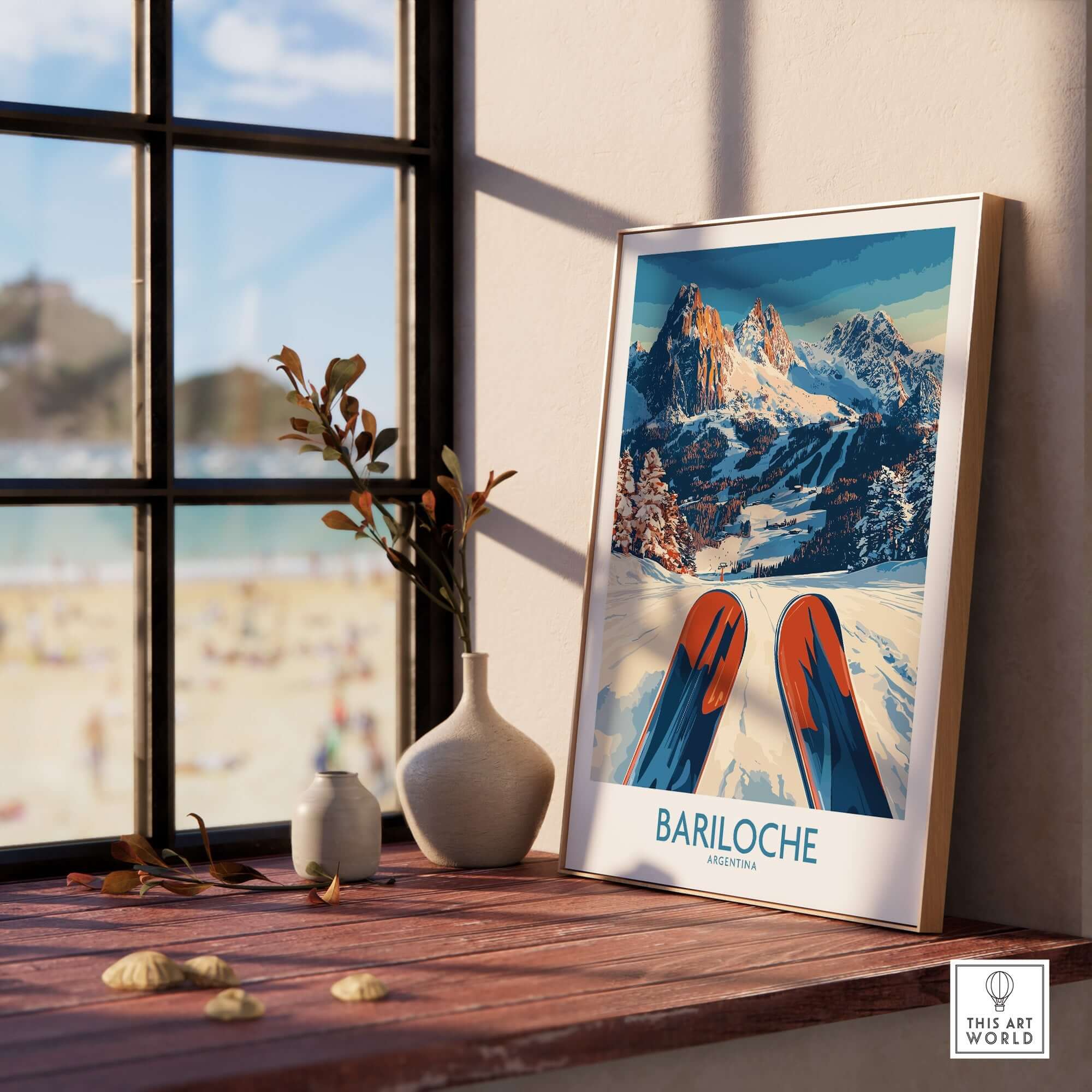 Bariloche Poster Argentina showcasing stunning winter scenery and ski slopes in a cozy home decor setting.