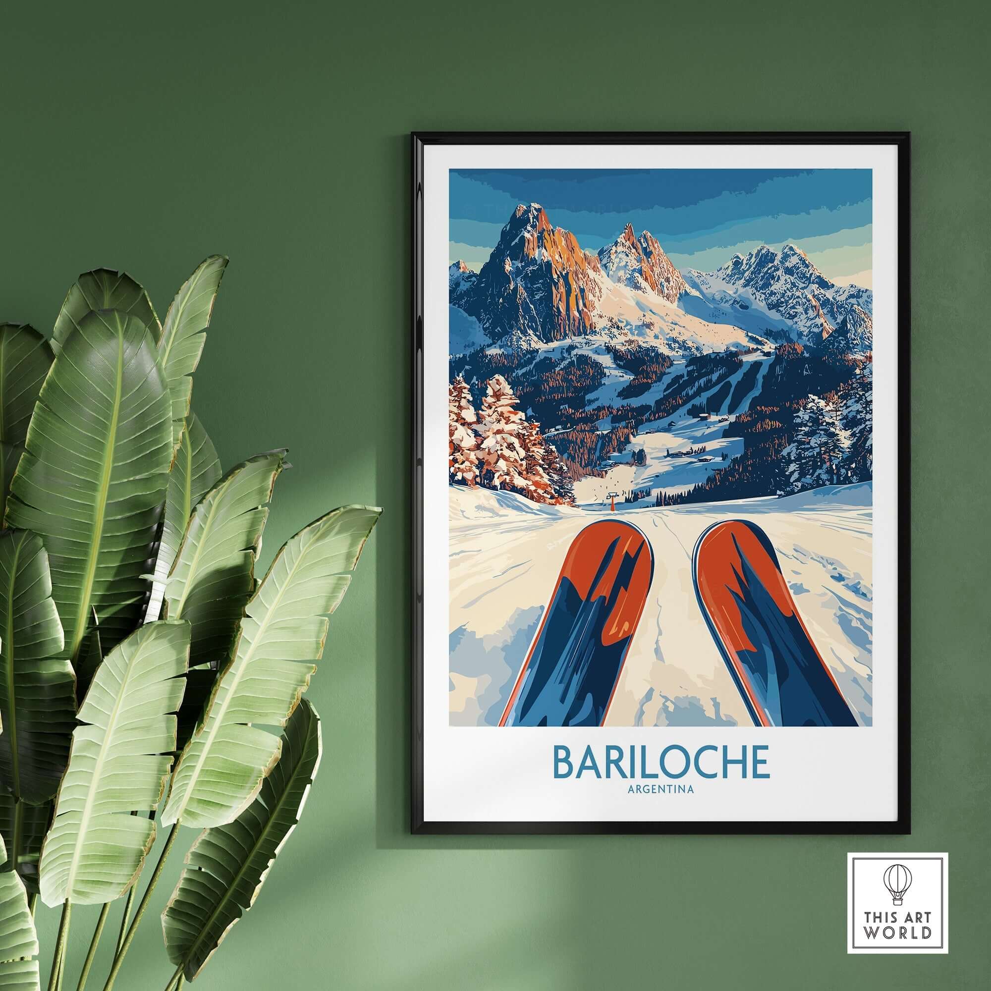 Bariloche Poster Argentina showcasing ski slopes and majestic mountains in a vibrant, stylish design.