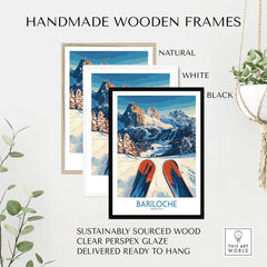 Bariloche Poster Argentina framed in natural, white, and black handmade wooden frames with a scenic mountain backdrop.