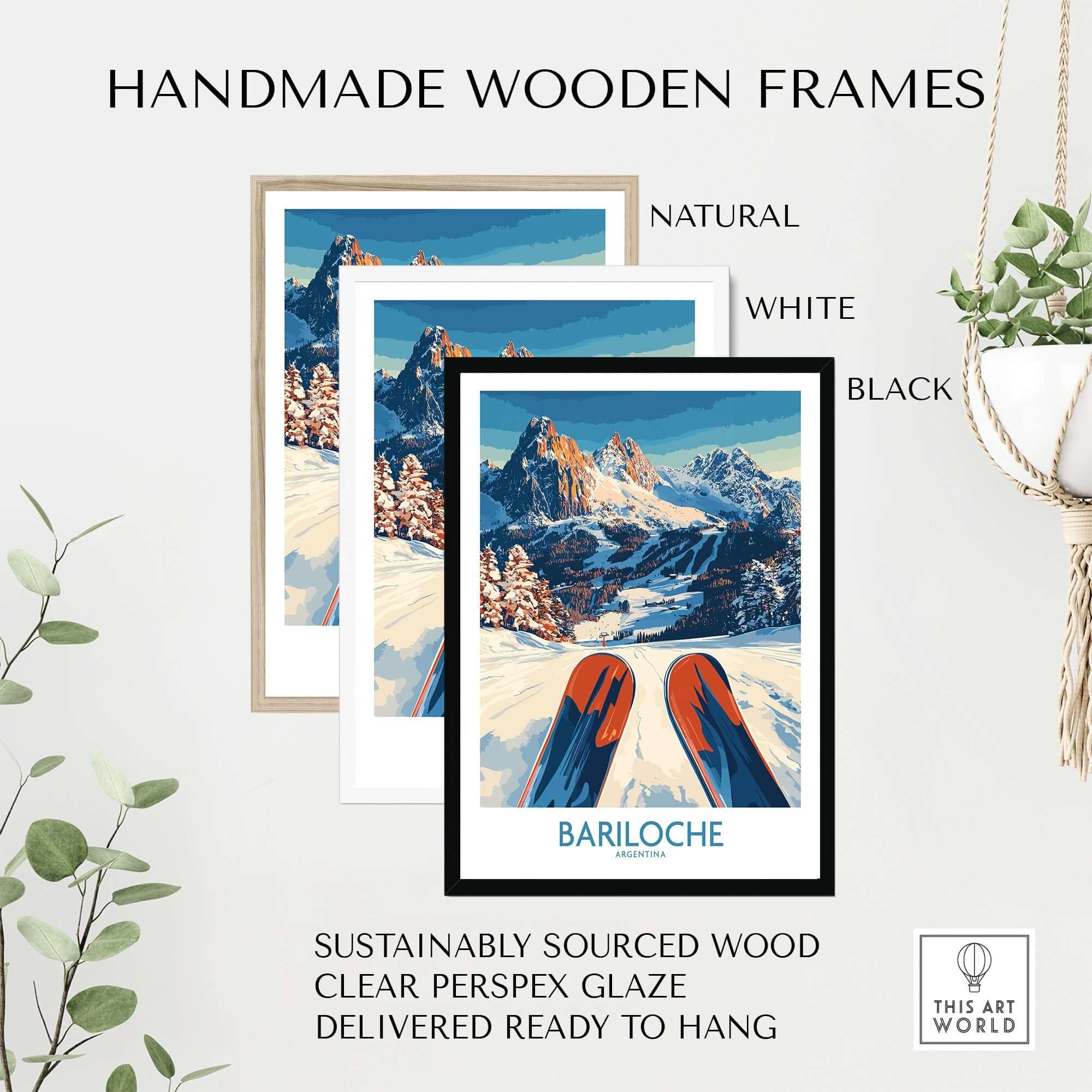 Bariloche Poster Argentina framed in natural, white, and black handmade wooden frames with a scenic mountain backdrop.