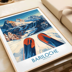 Bariloche Poster Argentina showcasing snowy mountains and ski slopes, perfect for outdoor adventure lovers.