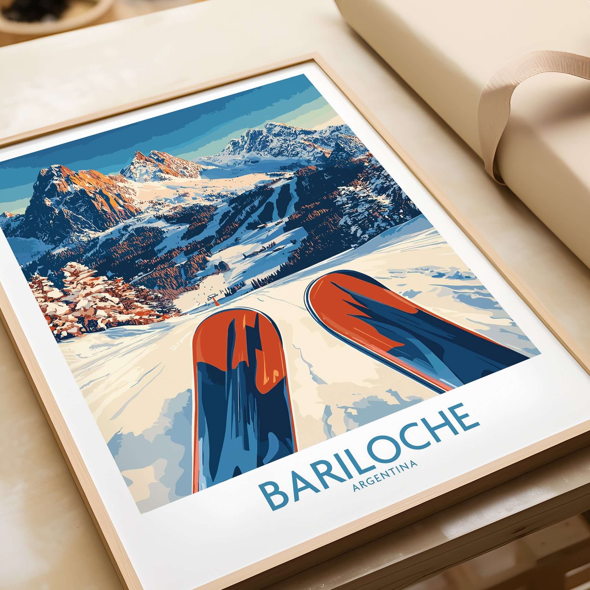 Bariloche Poster Argentina showcasing snowy mountains and ski slopes, perfect for outdoor adventure lovers.