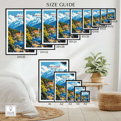 Bariloche Print size guide showcasing various frame sizes and a captivating landscape of Bariloche.