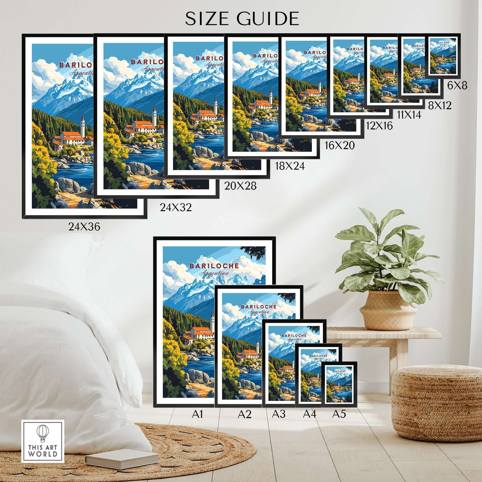 Bariloche Print size guide showcasing various frame sizes and a captivating landscape of Bariloche.
