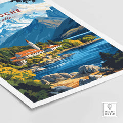 Bariloche Print showcasing a vibrant landscape of Argentina's Patagonia with mountains and a serene lake.
