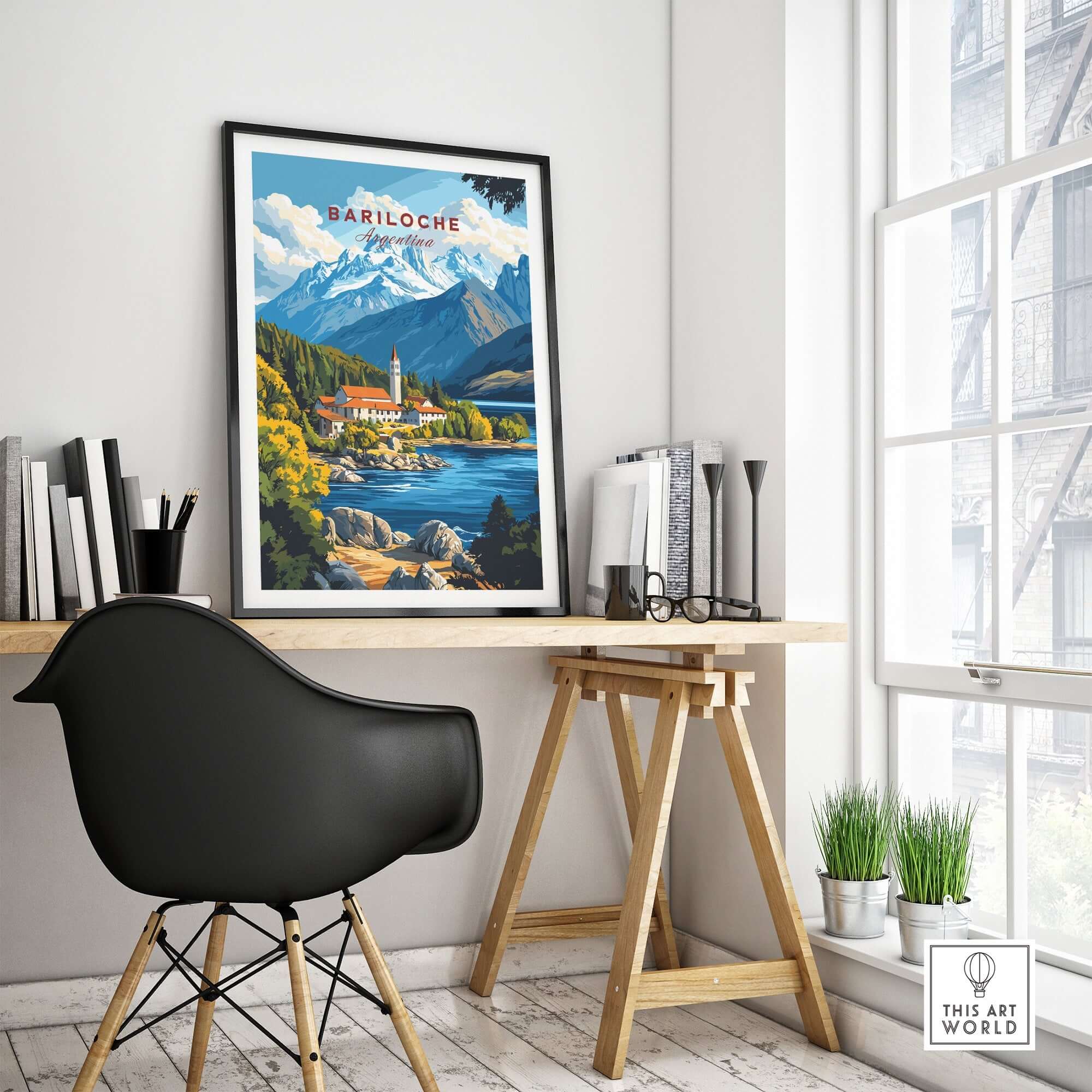 Bariloche Print displayed in a modern room, showcasing vibrant colors and stunning Patagonia landscape.