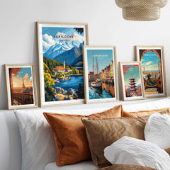 Bariloche Print and other travel-themed artwork displayed on a stylish wall, enhancing home decor.