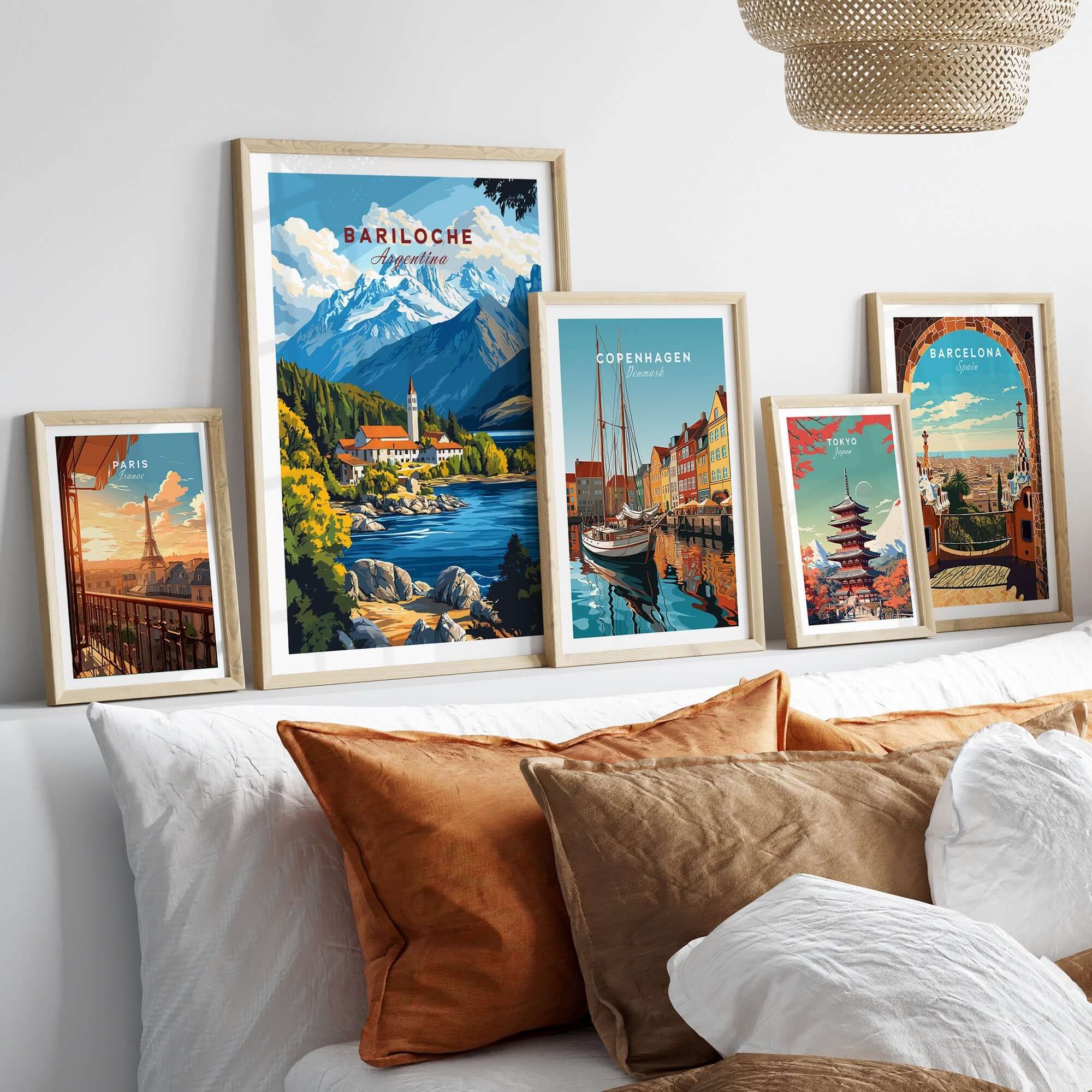 Bariloche Print and other travel-themed artwork displayed on a stylish wall, enhancing home decor.