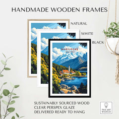 Bariloche Print displayed in handmade wooden frames: natural, white, and black options, ready to hang.