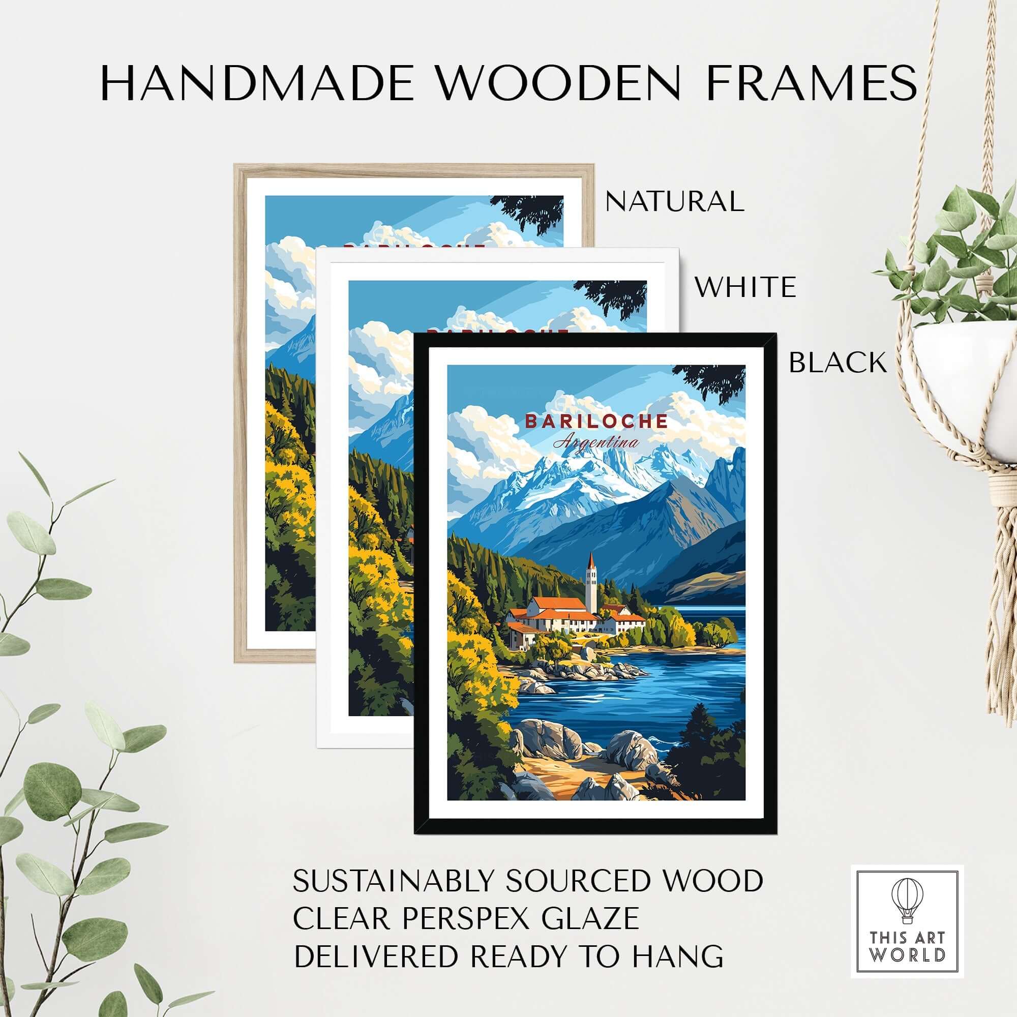 Bariloche Print displayed in handmade wooden frames: natural, white, and black options, ready to hang.